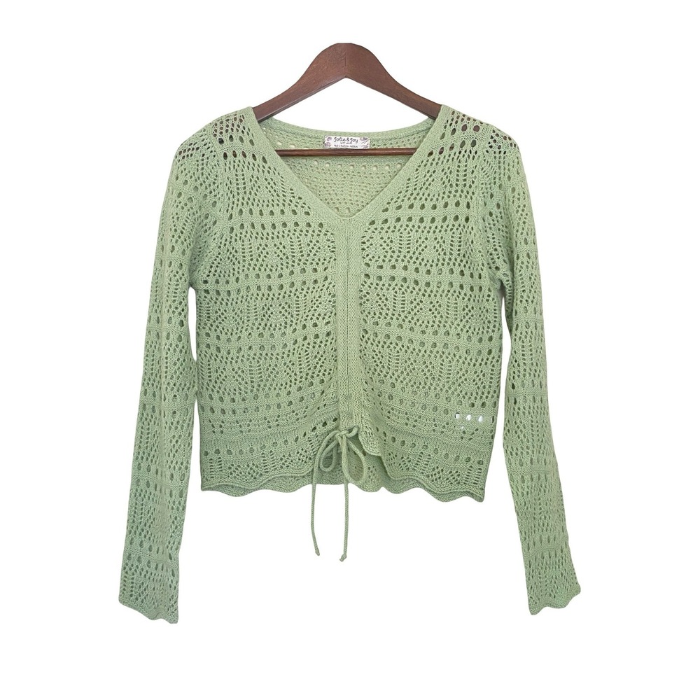 Jolie & Joy Women's Sweater Medium Green Pointelle Drawstring Ruched‎ Boho